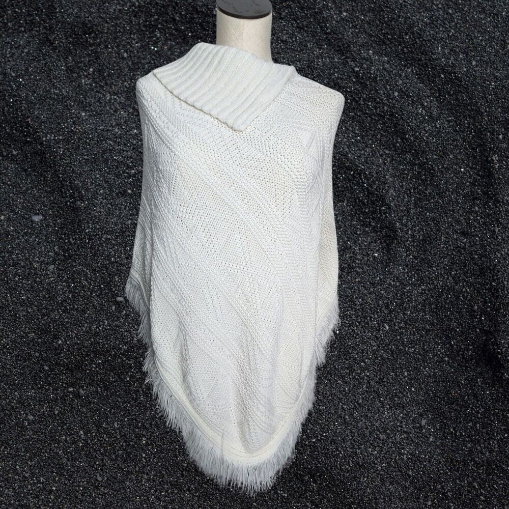 VTG Us Three White Knit Poncho Fringe Split Ribbed Collar USA Made One Size